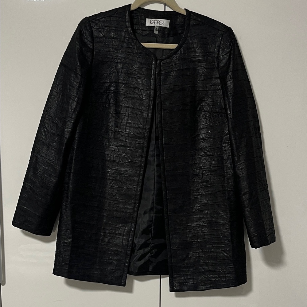 Kasper NWOT Leather-Look Black Textured Long Open Blazer Jacket, Size 8